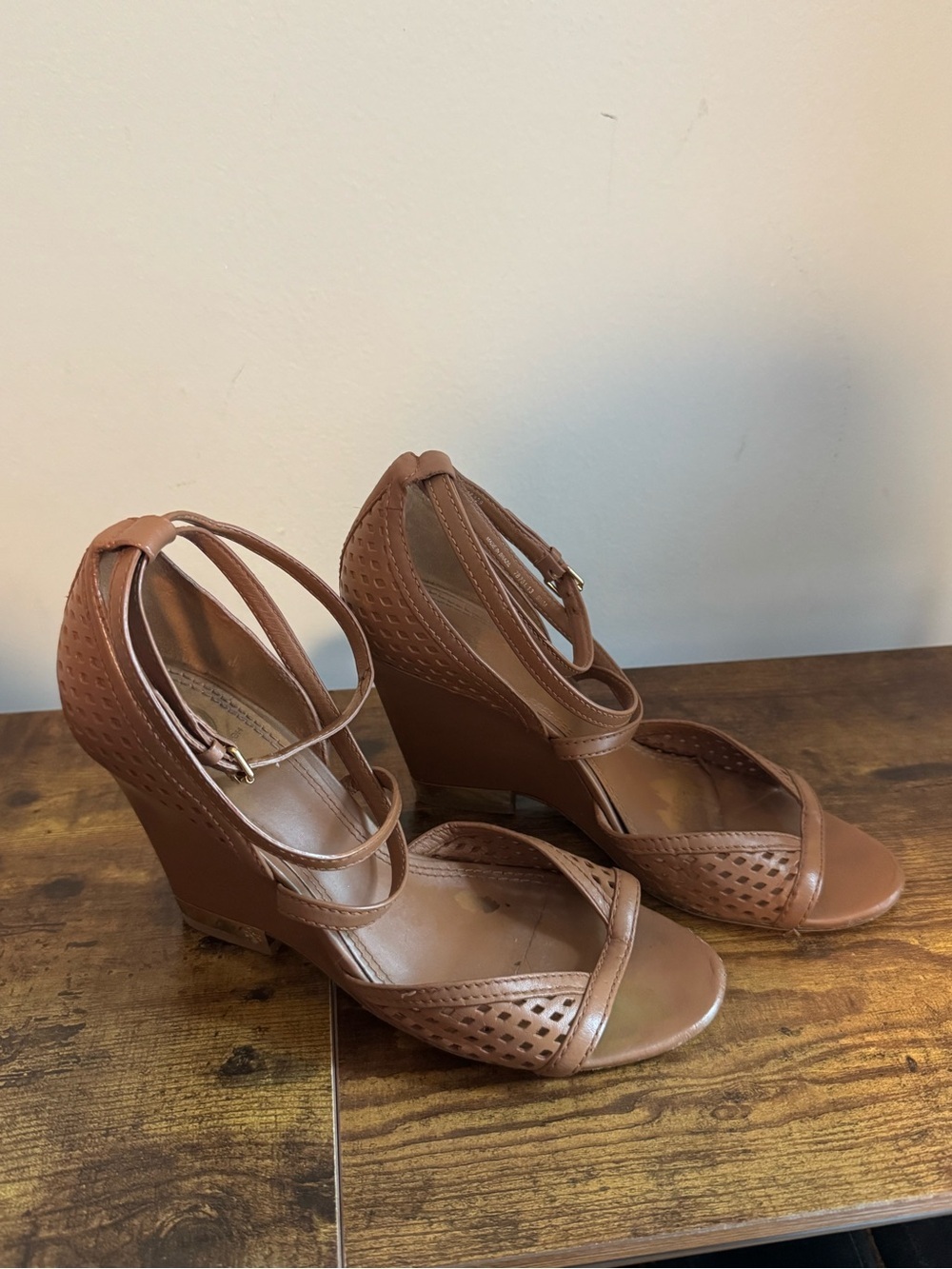Tory Burch Tan Wedge Sandals with Ankle Straps Size 9 1/2